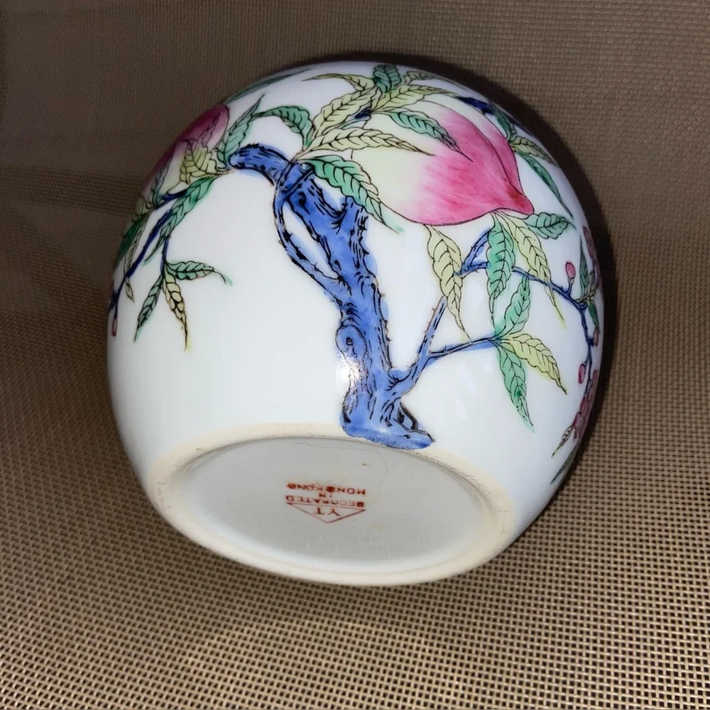 Famille Rose Maker Marked Sweet, Perfect Little Ceramic Vase w/Plants 🌺 🦇 & 🍑